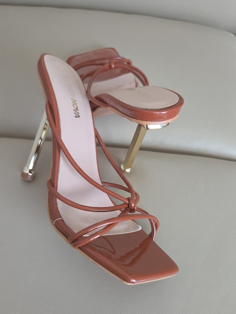 Fashion Nova Rust Patent Strappy Stiletto Sandals